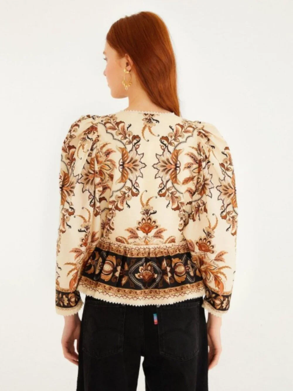 Farm Rio Sand Majestic Garden Lace Puff Sleeve Blouse (NWT)